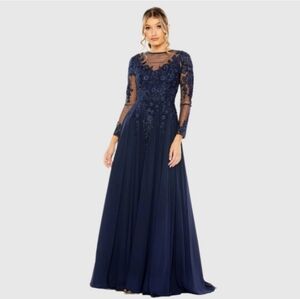 Navy High Neck Mesh Long Sleeve Embellished A Line Gown Size 16 NWT